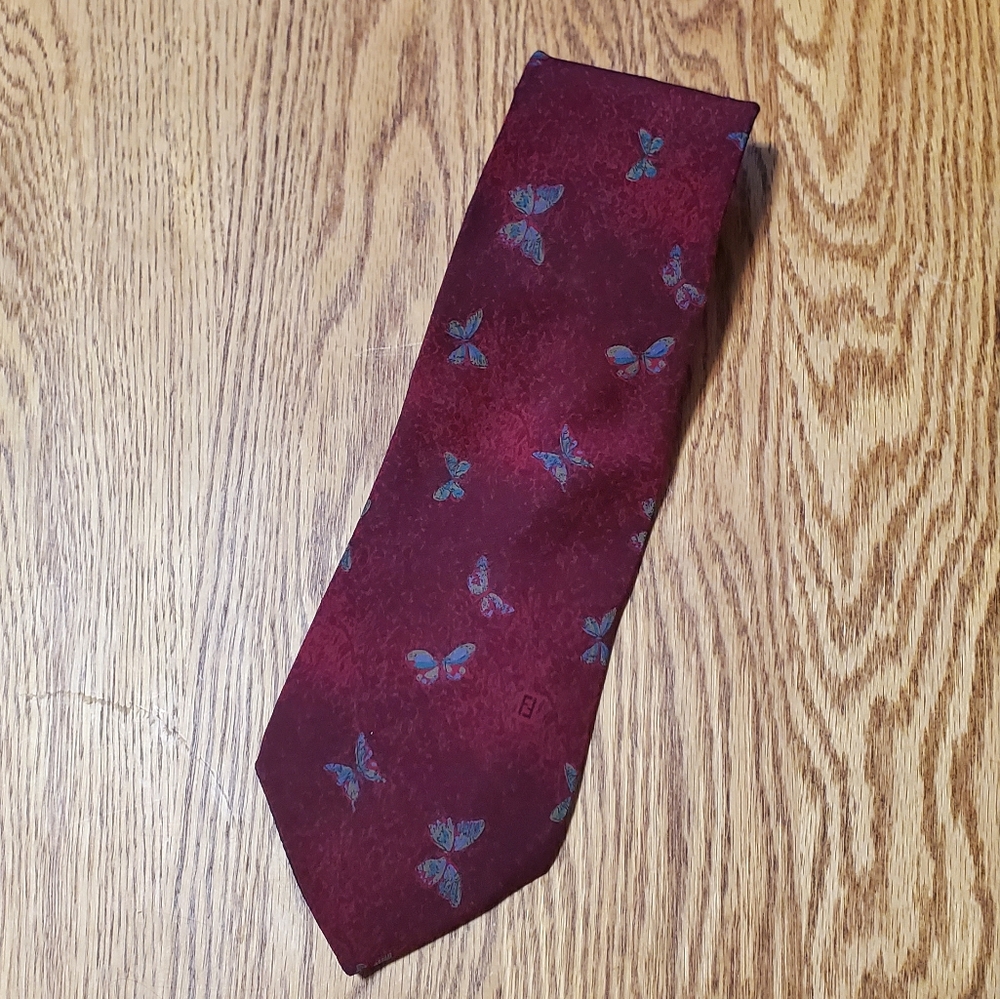 Vtg Fendi FF Wine Red Burgundy Butterfly Pattern Men's 100% Silk Tie Roma Italy